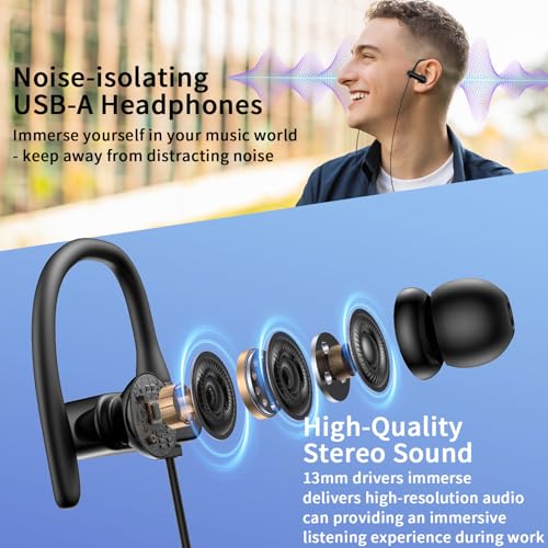 USB Headphones Over Ear Earbuds with Microphone for PC Computer | Noise Isolating In-Ear Stereo Computer Earbuds,Adjustable Ear Hook,Fit Gaming Zoom Office Work for HP/Dell Laptops-Black