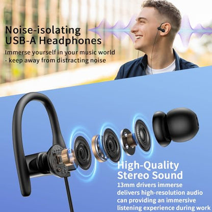 USB Headphones Over Ear Earbuds with Microphone for PC Computer | Noise Isolating In-Ear Stereo Computer Earbuds,Adjustable Ear Hook,Fit Gaming Zoom Office Work for HP/Dell Laptops-Black
