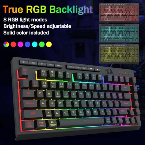 Redragon Wireless Gaming Keyboard, RGB Backlit, Portable 75% Design, Black | Bluetooth/2.4GHz/USB-C Wired, Mini Quiet Macro Membrane Keyboard, Rechargeable 4000mAh Battery, Anti-Ghosting for Win/MAC - color: Black