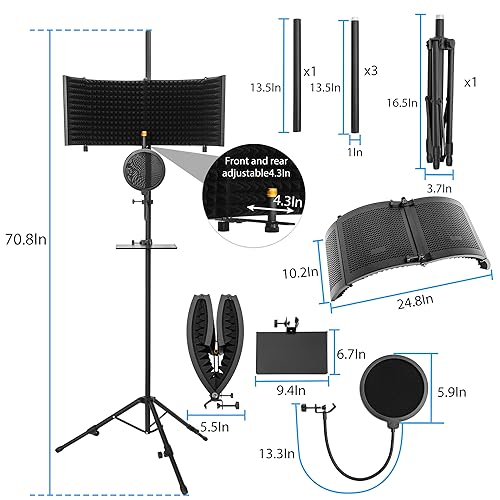 Microphone Isolation Shield with Stand Curved Panel, Foldable Mic Shield with Triple Sound Insulation, Studio Mic Sound Absorbing Foam Reflector for Sound Recording, Podcasts - size: Large