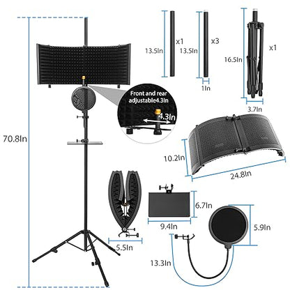 Microphone Isolation Shield with Stand Curved Panel, Foldable Mic Shield with Triple Sound Insulation, Studio Mic Sound Absorbing Foam Reflector for Sound Recording, Podcasts - size: Large