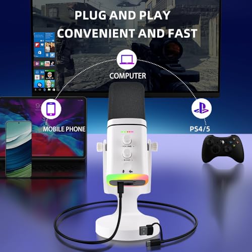 YU8-white Dynamic Microphone - USB/XLR RGB Mic with Echo Adjustment, Mute Key & Monitoring Jack, Desktop Microphone for PC Gaming, Streaming & Chat - color: YU8 desktop