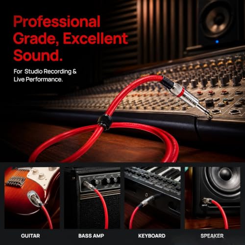 1/4 Inch TRS Patch Cable 1ft 2-Pack, Balanced OFC Instrument Cable for Guitar Bass Keyboard Pedal Board, Gold-Plated Studio Recording Live Performance Cable for Fender Gibson Yamaha, Red