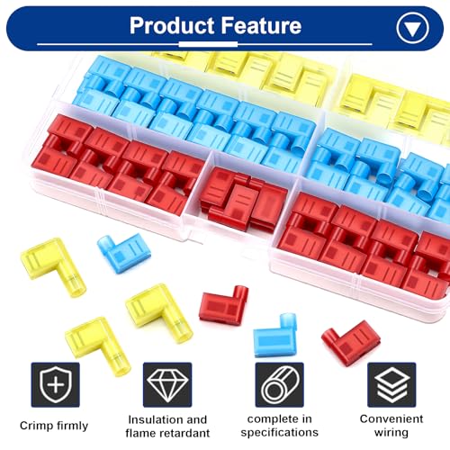 Tnisesm 91 Pcs Right Angle Spade Connectors with Flag Terminal Crimper 22-18/16-14/12-10AWG Quick Disconnect Flag Connector with Electrical Crimping Tool for Right Angle Spade Connector - style: 90Pcs Angle Spade Connectors