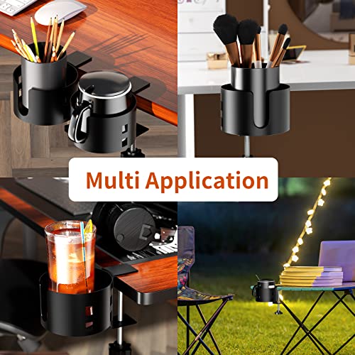 Upgraded Large Desk Cup Holder Clamp, OOKUU Anti-Spill Table Cup Holder, Metal Office & PC Gaming Desk Accessories, Compatible with Universal Cup, Bottles, Pencil Holder (Black) - color: Black, size: 3.95 inch