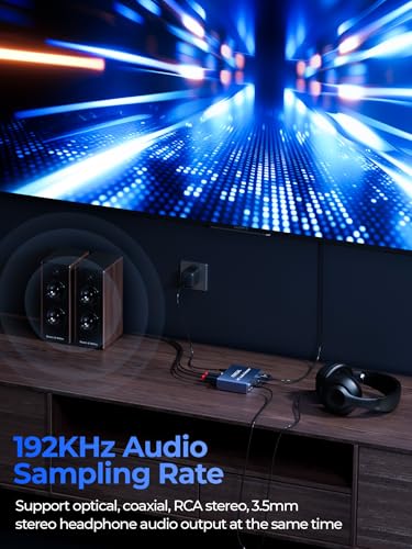 192KHz HDMI ARC Audio Extractor with Optical Cable ARC Converter HDMI ARC to Optical TOSLINK SPDIF Coaxial, RCA+3.5mm Jack L/R Stereo, Audio Splitter for HDTV to Soundbar Amplifier Speakers headphones