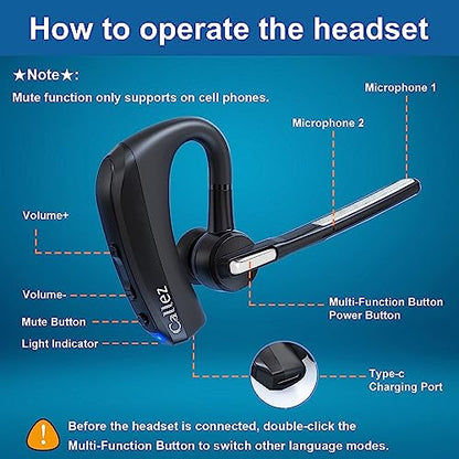 Callez Bluetooth Headset for iPhone Android Cell Phone Trucker Office Work | Bluetooth Earpiece V5.0 with CVC8.0 Dual Mic Noise Cancelling, Mute/Volume Buttons, Hands-Free Wireless Headset for Business