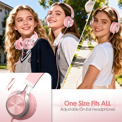 INFURTURE USB C Headphones Wired with Mic & Volume Control, Noise Isolating Over-Ear Headphones, Tangle-Free Plaiting Line, Foldable Headphone for School/Travel/iPad,Tablet,iPhone 17/16/15(Pink) - color: Blush Pink