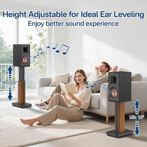 Height Adjustable Speaker Stands Pair for Studio Monitor & Bookshelf Speaker Stands-Wood Grain Floor Speaker Stands for Klipsch, ELAC, JBL, KEF, Edifier Surround Sound Speaker Stand Up to 50 Lbs