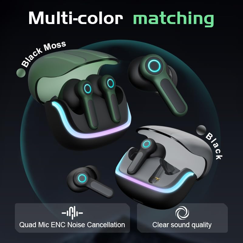 G07 Wireless Earbuds with RGB LED Light Gaming Earbuds with 40ms Low Latency Dual Game and Music Mode Earphones Wireless Headphones with 40 Hours Playtime IPX5 Waterproof (Black Moss) - color: color_name