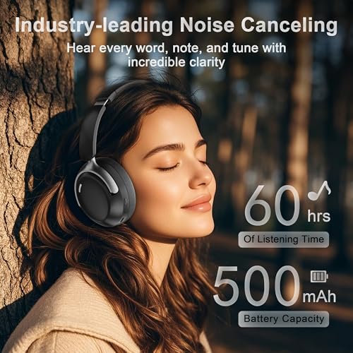 LORELEI QC30 Hybrid Active Noise Cancelling Headphones, 60H Playtime, Built-in Mic, Wireless Over Ear Headsets with Case,Bluetooth 5.4,Deep Bass Comfort Fit Soft-Earpads Fast Charging -Space Black - color: Space Black