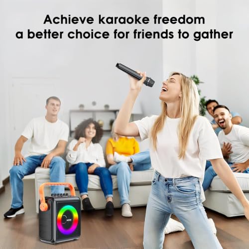 Karaoke Machine with 2 Wireless Microphones for Adults & Kids, 8000mAh Portable Bluetooth Speaker PA System with Lights, Supports AUX in/TF Card/FM/REC, Microphone Speaker Set for Home Party, Outdoor