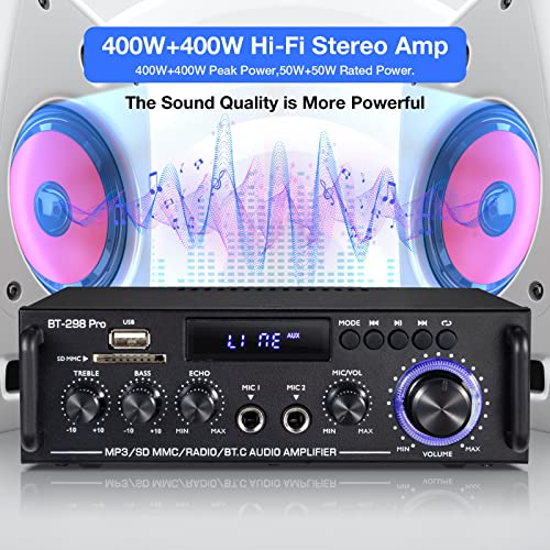 Facmogu BT-298 프로 홈 오디오 앰프, 블루투스 5.0 수신기 홈 스테레오 수신기, 최대 400Wx2 RMS 50Wx2 HiFi 사운드 오디오 시스템 무선 파워 앰프, 마이크 입력, 에코, 베이스 및 트레블 포함, USB/RCA/FM 포함 - style: 최대 400Wx2
