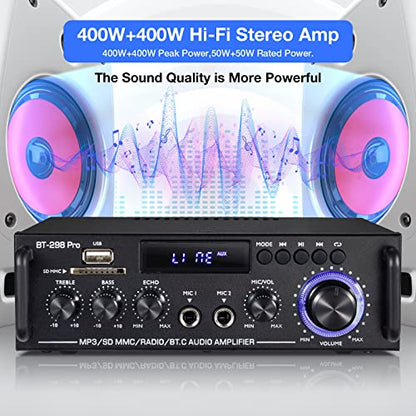Facmogu BT-298 프로 홈 오디오 앰프, 블루투스 5.0 수신기 홈 스테레오 수신기, 최대 400Wx2 RMS 50Wx2 HiFi 사운드 오디오 시스템 무선 파워 앰프, 마이크 입력, 에코, 베이스 및 트레블 포함, USB/RCA/FM 포함 - style: 최대 400Wx2