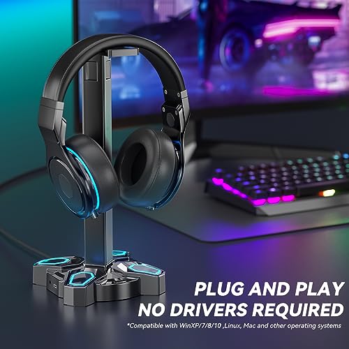 KDD Gaming Headphones Stand, Rotatable Headset Stand with Light Modes - Controller Holder with 2 USB Charging Ports and 3.5mm - Earphone Hanger Accessories for Desktop Gamer(Black) - color: Black