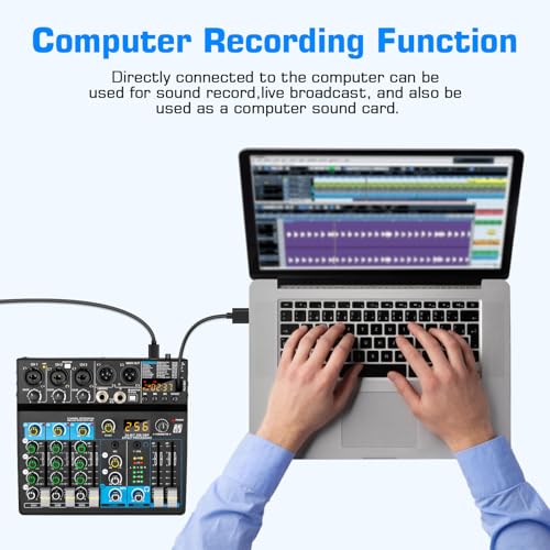 Depusheng Professional Audio Mixer Digital FX 256-Bit DSP USB Bluetooth MP3 Computer DJ Mixer 5 Channel input Interface with 48V Phantom Power for PC recording Live Streaming, Podcasting, Karaok