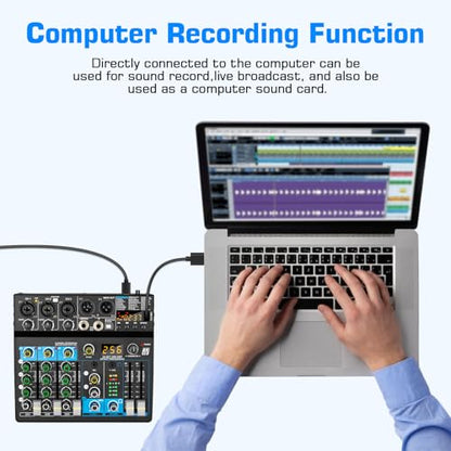 Depusheng Professional Audio Mixer Digital FX 256-Bit DSP USB Bluetooth MP3 Computer DJ Mixer 5 Channel input Interface with 48V Phantom Power for PC recording Live Streaming, Podcasting, Karaok