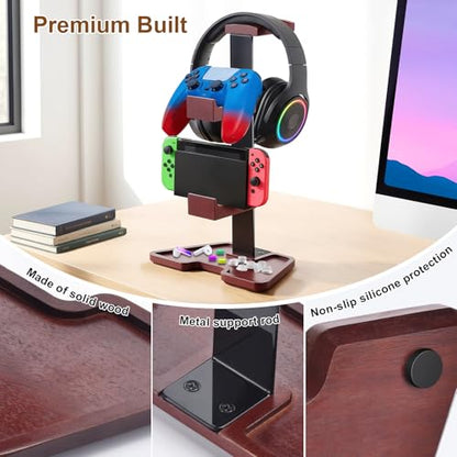 Walnut Headphone Stand, Wooden Headset Stand for Desk with Storage Base, American Black Walnut Wood Headphone Holder for Airpods Max, Bose, Razer, Sennheiser