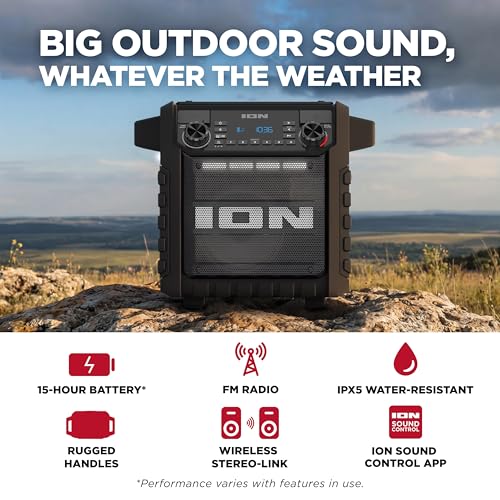 ION Tailgater Classic Portable Bluetooth Outdoor Speaker, Black | Water Resistant, Rechargeable Battery, Radio, USB Charging, Stereo Linking, App Control, for Parties and Outdoor Events - style: Tailgater Classic - Black