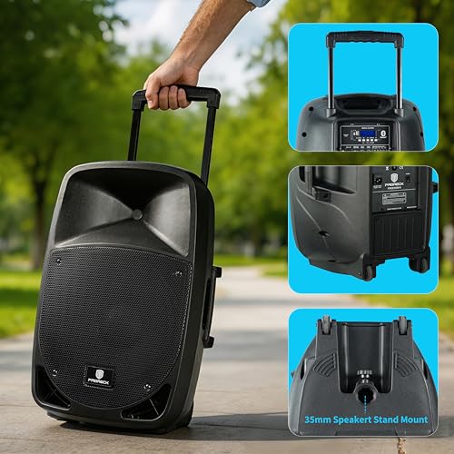 Portable 15" 1600W 2-Way Rechargeable Powered Dj PA Speaker System with Bluetooth, Rechargeable Battery, 2 Wireless Mics, USB, SD, FM Radio, Remote & Speaker Stand for Parties, Events, gigs, Outdoor - size: 15 inch