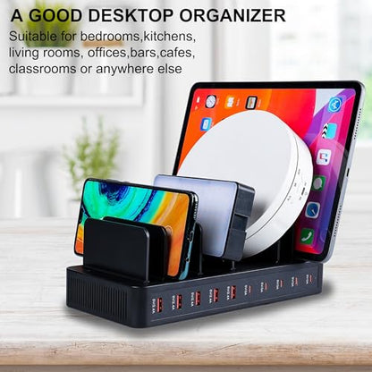 100W 10포트 스마트 충전 스테이션 | USB-A 5개 및 USB-C 포트 5개 | 휴대폰, 태블릿, 시계 등을 위한 정리 디자인 (블랙)