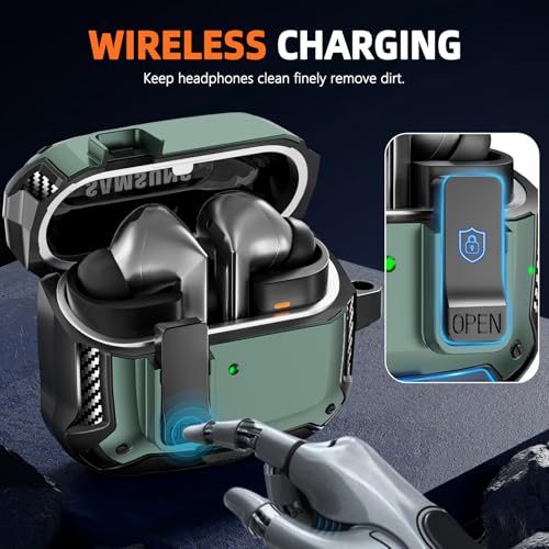 Safety Lock Case for Samsung Galaxy Buds3 FE/3/3 Pro (Green) | with Phone Stand,with Secure Lock Clip & Cleaning kit Full Body Shockproof Carbon Fiber Protection Design - color: D-Green
