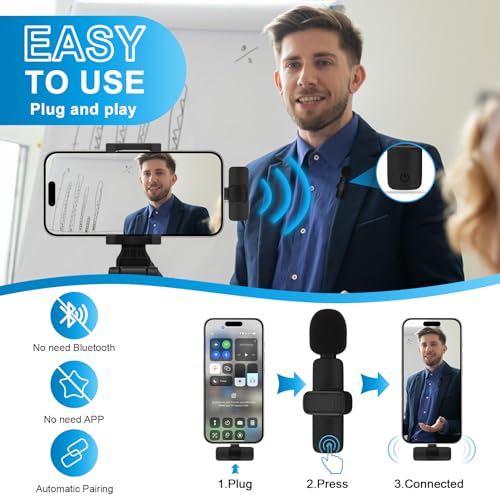 USB C Wireless Lavalier Microphone for iPhone 17 16 Pro Max 16e 15,Samsung | Galaxy S26 S25 A16 S24,Noise Reduction Mini Lapel Mic Clip on,Lav Mic on Video Recording,Tiktok,Youtube,Vlog,Live Streaming