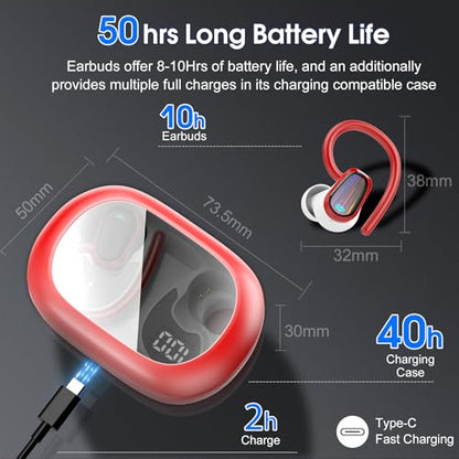 Wireless Earbuds, Bluetooth 5.4 Headphones Sport, Over Ear Buds with ENC Noise Canceling Mic, Deep Bass Stereo Ear Buds with Hook, 50H Playback, LED Display, IP7 Earphones for Workout Running, Red | 50H Playback, IP7 Waterproof Earphones for Workout Runni
