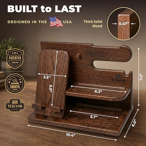 TESLYAR Wood Phone Docking Station for Men - Desk or Nightstand Organizer - Birthday Gifts for Husband, Dad - Anniversary Idea from Wife - Key Holder, Stand Wallet, Watch & Essentials (Bourbon Brown) | Mens Bedside Organiser with Key Holder, Wallet & Watc