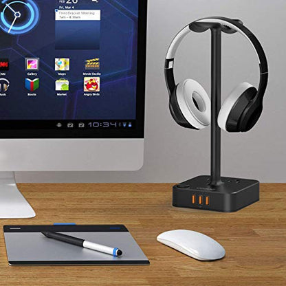 Headphone Stand with USB Charger Desktop Gaming Headset Holder Hanger with 3 USB Charging Station 2 Outlets Power Strip-Suitable for Gamer Desktop Table Earphone Accessories,Gifts for Boyfriend