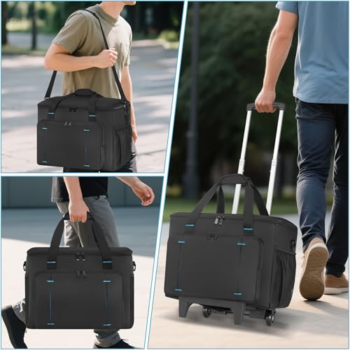 Rolling DJ Cable File Bag, DJ Gig Bag Padded Case with Detachable Trolley & Dividers, Cable Organizer with Multi-pocket & Compartment for 15.6'' Laptop, DJ Gear, Musical Instrument, Sound Equipment