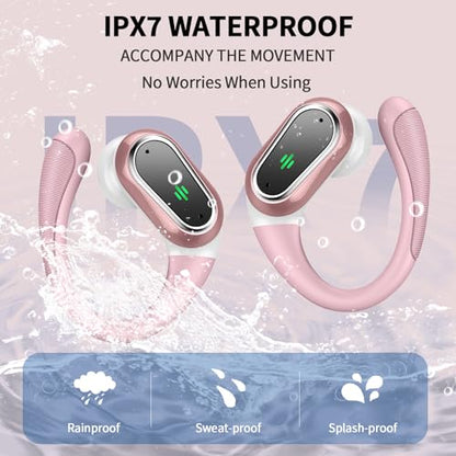 Wireless Earbuds, 2026 New Bluetooth 5.4 Headphones Sport, 60H+ HiFi Stereo | Deep Bass Over-Ear buds, ENC Noise Cancelling Mic, IP7 Waterproof & LED Display Earphones, Earhooks, for Workout, Running - color: comb Pink