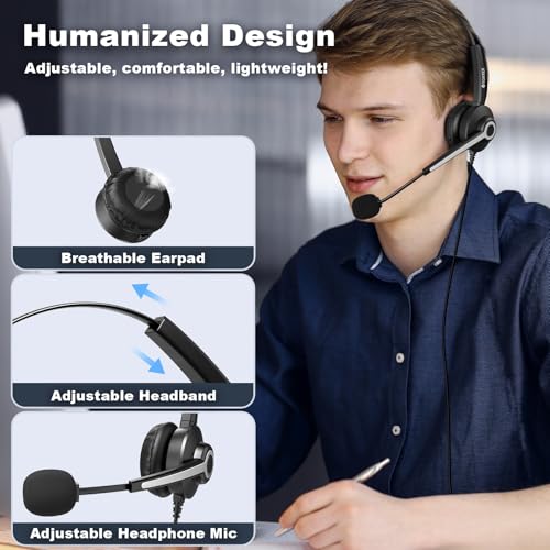 Voistek USB Headset with Microphon,Single-Ear Headset for PC Laptop | Noise Cancelling Mic,3.5mm Plug,USB-A Cable & USB-C Adapter,In-Line Volume Control,Mute Button for Teams Zoom,Home Office - color: Ink Black