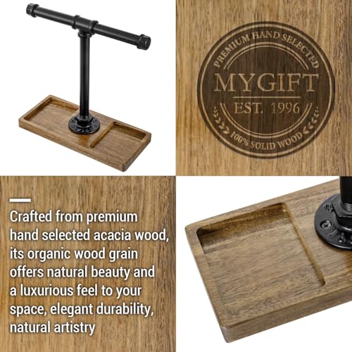 MyGift Premium Acacia Solid Wood and Industrial Black Metal Pipe T-Bar Over Ear Headphones Holder, Tabletop Dual Headphone Display Stand with Accessories Tray - color: Natural Acacia Wood & Black Metal
