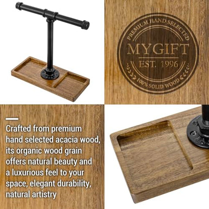 MyGift Premium Acacia Solid Wood and Industrial Black Metal Pipe T-Bar Over Ear Headphones Holder, Tabletop Dual Headphone Display Stand with Accessories Tray - color: Natural Acacia Wood & Black Metal