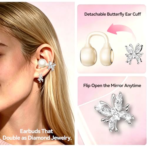 Open Ear Clip Earbuds Bluetooth 6.0, Wireless Ear Clip Headphones with LED Mirror Charging Case, IPX6 Waterproof 40H Playtime, Lightweight Open-Ear Earphones for Women Girls Gifts (Skin) - color: Skin