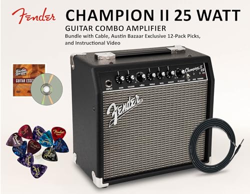 Fender Champion II 25-Watt Guitar Combo Amplifier Bundle with Instrument Cable, Picks, and Austin Bazaar Instructional Video