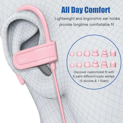 Joysico Wired Over Ear Earbuds Headphones with Mic and Volume Control Pink | Wrap Around Ear Hook Secure Fit, Earphone Case, Sport Running Exercise Gym Workout Sweatproof, For Cellphones Laptops Tablets