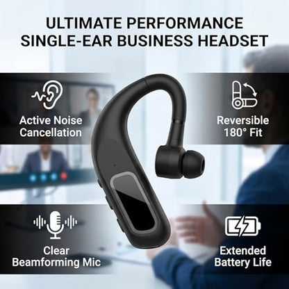Zopsc Bluetooth Headset Single Ear, Wireless Business Headset with Noise Cancelling Mic, Lightweight Hands Free Earphone for Office Home Driving Call, 180mAh.