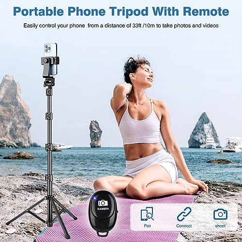 70" Phone Tripod with Remote & Holder, Portable Cell Phone Stand, Selfie Stick for Video Recording, Compatible with iPhone 14/13 Pro Max/Android/Camera - size: 70 inch