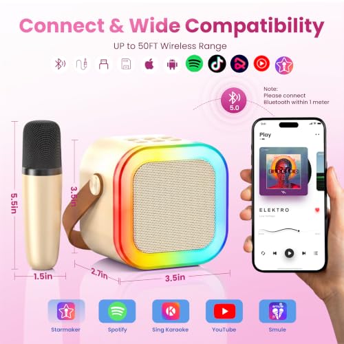 Mini Karaoke Machine, Portable Bluetooth Speaker & 2 Wireless Microphones | Karaoke Player Karaoke Microphone For Family Home Party Outdoor With HI-FI Sound | 5 Magic Sound | PA System | USB | TF | AUX - color: Gold