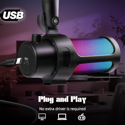 VCOM Gaming USB Microphone,Condenser Dynamic Boom Arm Mic for Podcasting,Streaming, with Boom Arm Stand,Quick Mute,Pop Filter,RGB Indicator,Shock Mount,Rotate gain Button, Compatible with PS4/5/PC