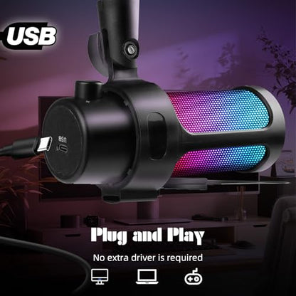 VCOM Gaming USB Microphone,Condenser Dynamic Boom Arm Mic for Podcasting,Streaming, with Boom Arm Stand,Quick Mute,Pop Filter,RGB Indicator,Shock Mount,Rotate gain Button, Compatible with PS4/5/PC