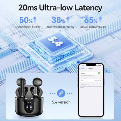Wireless Earbuds, Bluetooth 5.4 Headphones HiFi Stereo with 4 HD Mic, 50H Playtime Bluetooth Earbuds with Dual LED Display, IPX7 Waterproof Wireless Earphones, Touch Control Ear Buds,USB-C, Black