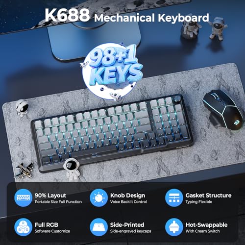 Redragon K688SP-RGB-PRO 96% Three-Mode Mechanical Keyboard Gasket Structure RGB hot Plug 8000mAh with knob Black and Gray Gradient Side Engraved keycaps - color: Gray Gradient