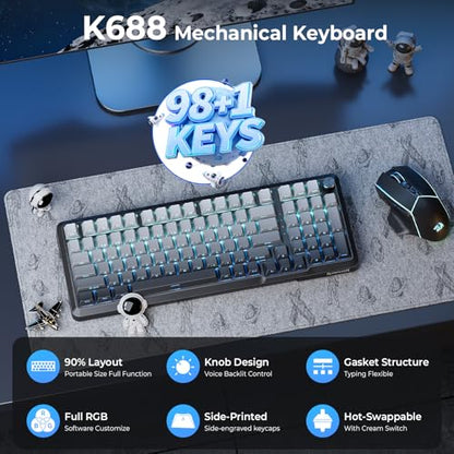 Redragon K688SP-RGB-PRO 96% Three-Mode Mechanical Keyboard Gasket Structure RGB hot Plug 8000mAh with knob Black and Gray Gradient Side Engraved keycaps - color: Gray Gradient
