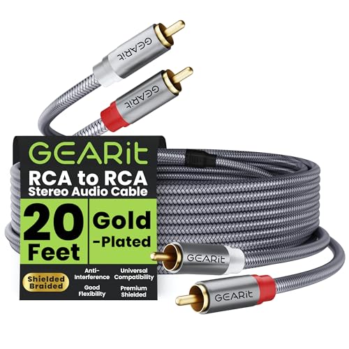 GEARit RCA Cables Car Audio 20ft, Oxygen Free Copper RCA Cables with Dual Shielding & Gold-Plated Connectors, Audio Cable for Subwoofer Cable, Hi-Fi System, Amplifier, Active Speakers, Gaming Consoles - size: 20 Feet