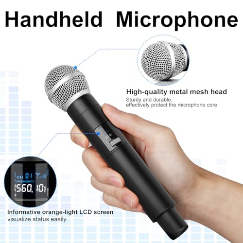 Depusheng Wireless Microphone System, VHF Fixed Dual Frequency Wireless Set with 2 Handheld Dynamic Transmitter Wireless Mic Set for Singing, Karaoke, Church, DJ,200ft Range - size: X2