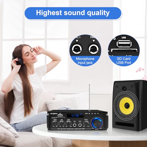 BT-298Pro 400W Amp, 2.0 Bluetooth Home Stereo Receiver w/Mic Echo & Bass | Stable BT 5.0 for phones/tablets. Supports USB, SD, AUX & FM. MIC input with adjustable echo for karaoke fun
