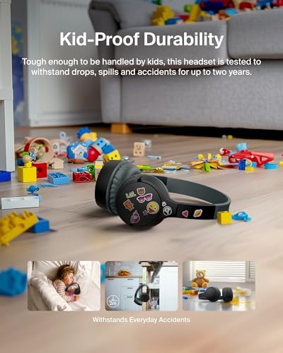 Belkin SoundForm Mini Bluetooth Kids Headphones with Case, 30H Battery Life | Toddler headphones with Case, 85dB Volume Limit, Built-in Mic, Wired Connection Option, iPad, Android Tablet, School, Travel - color: Black, style: Wireless (USB-C) + Case